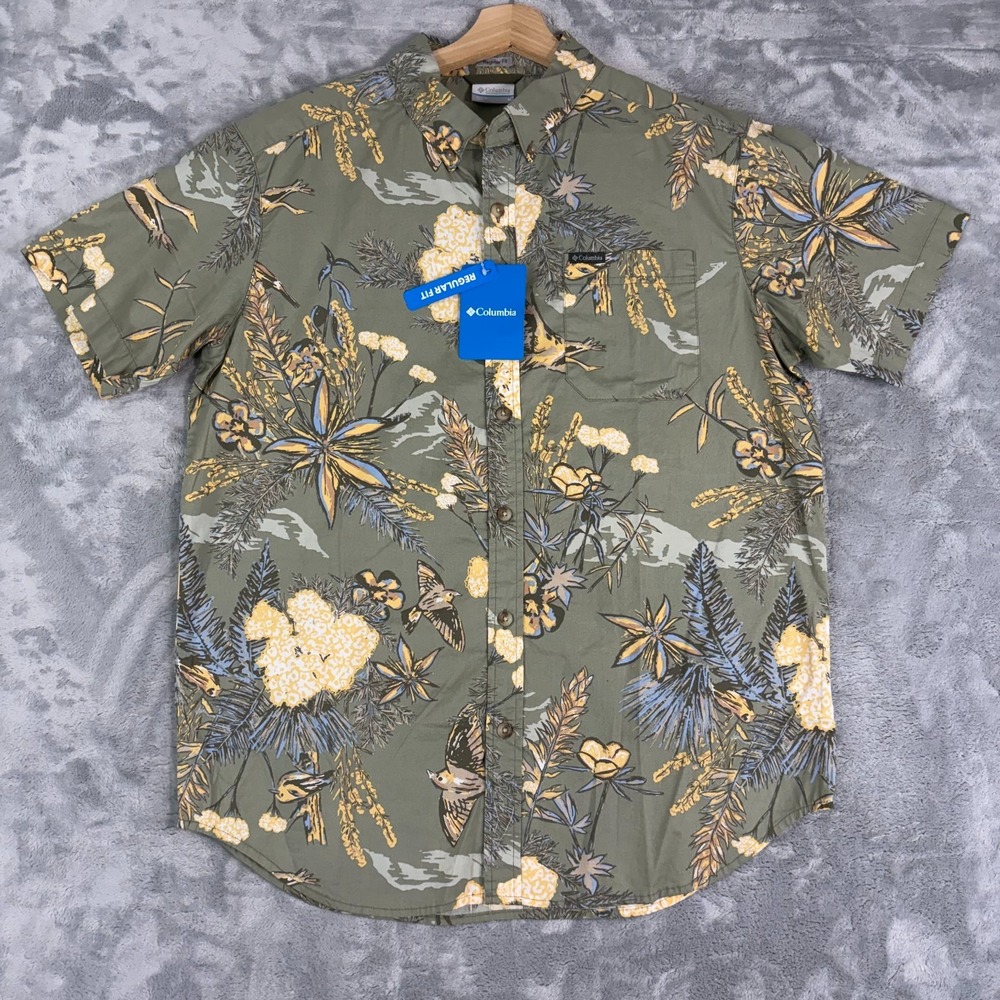 Columbia Mens Medium Rapid Rivers Short Sleeve Shirt Green Floral Bird Print NEW